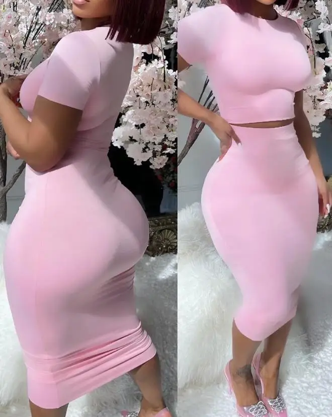 

2023 Summer Sexy Party Wedding Guest Set for Women Short Sleeve Round Neck Top & Skinny High Waist Midi Skirt Two Piece Set