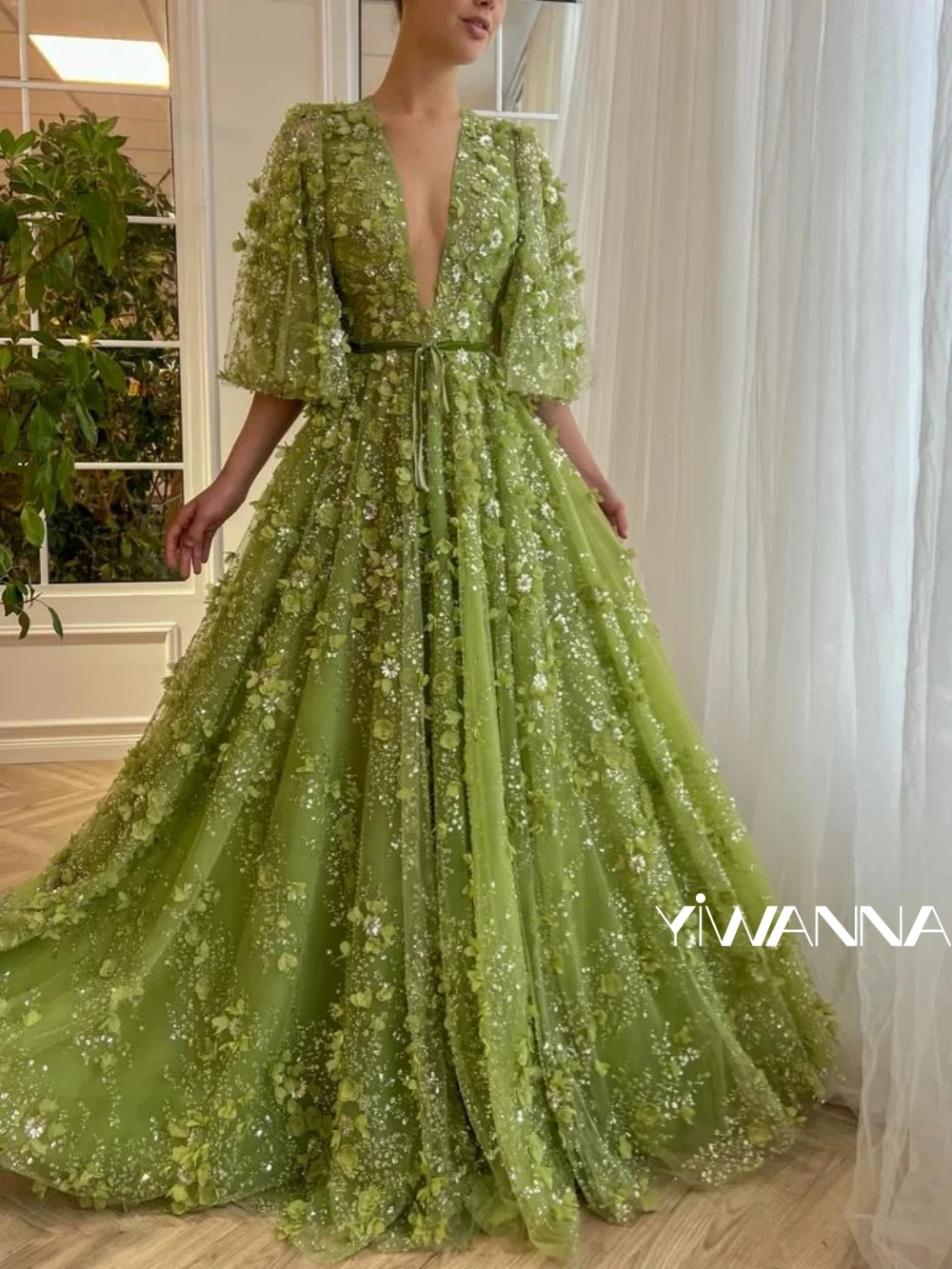 

Dazzling Elegant 3D Flower Evening Dress For Women Luxury Beaded Long Wedding Party Gown 2025 Customized 3/4 Sleeve Prom Gown