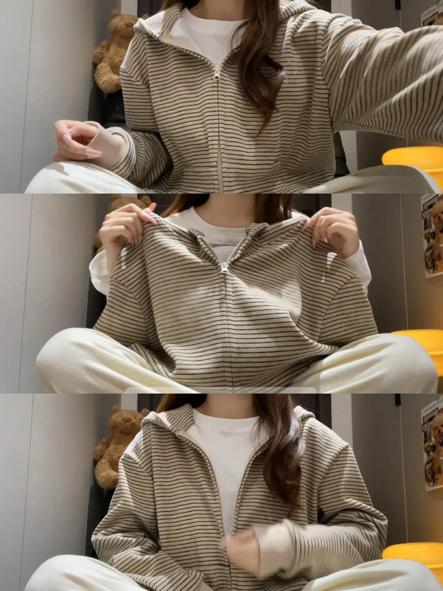 American Lazy Style Striped Hoodie Jacket Women's Loose Zipper Open Cardigan Casual Long Sleeve Top Breathable Thin Model