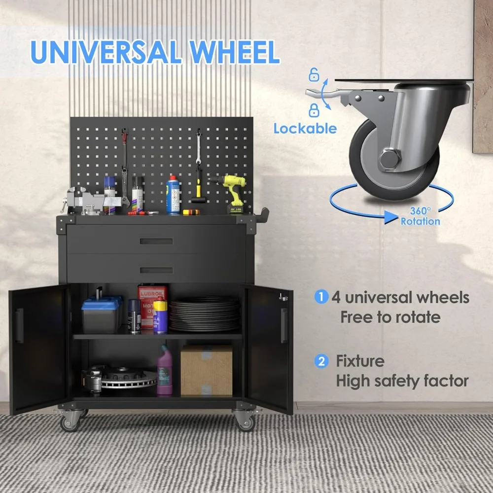 31.5" H Workbench Mobile Tool Cart,Garage Workbench with 4 Wheels,Metal Storage Cabinet with 2 Drawers&2 Doors