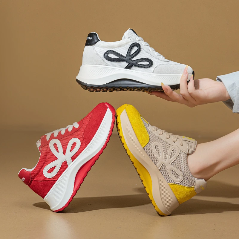 

Womens Color Block Mesh Platform Wedge Sneakers Lace Up Breathable Height Increasing Casual Sports Walking Shoes Versatile