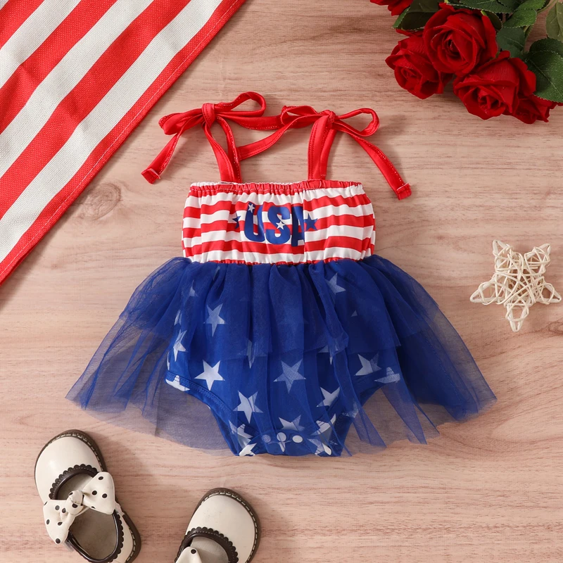 

Toddler Girls Patriotic Sleeveless Romper Dress with Stars and Stripes Print Tulle Patchwork Playsuit for Independence Day