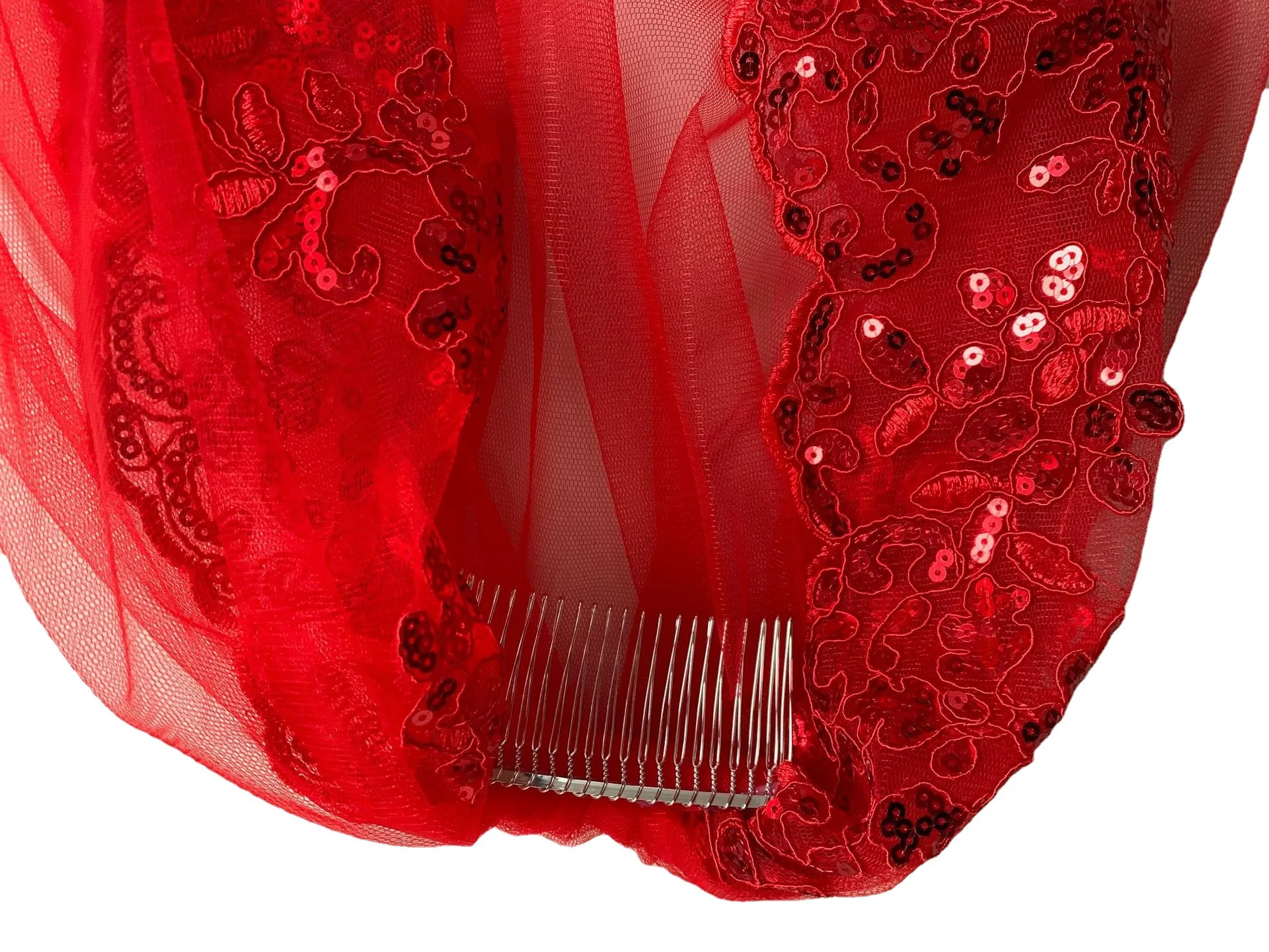 Nupcial tule véu com pente, elegante vermelho, comprimento do cotovelo, bordado lantejoulas headpiece, acessórios do casamento para noivas, 1 camada, 2025