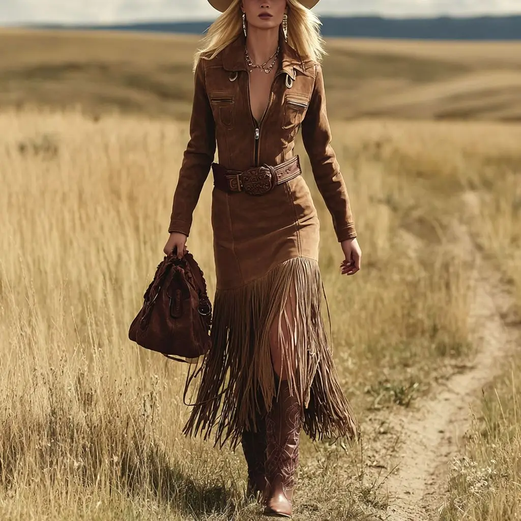 

Western Retro Tassel Patchwork Long Sleeve Maxi Dress for Women Spring Autumn Turn-Down Collar Zipper Long Sleeve Slim Hip Dress