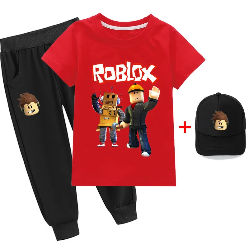 

Новый модный и удобный хлопковый комплект Roblox из трех предметов с футболкой с коротким рукавом + шапка для мальчиков и девочек детская одежда