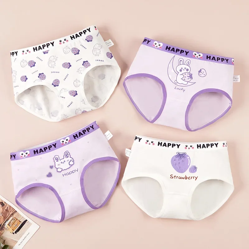 

4PCS Girls Cotton Antibacterial Panties Kid Purple Cartoon Print Knickers Thin Soft Breathable Briefs 3+y Young Child Underwears