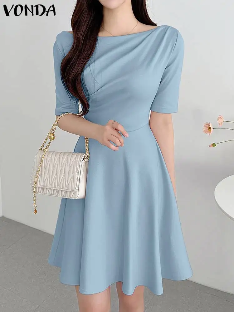 Women Elegant Party Midi Dress 2023 VONDA Fashion Short Sleeve Sundress Casual Solid Color Vestidos Female O Neck Robe Femme