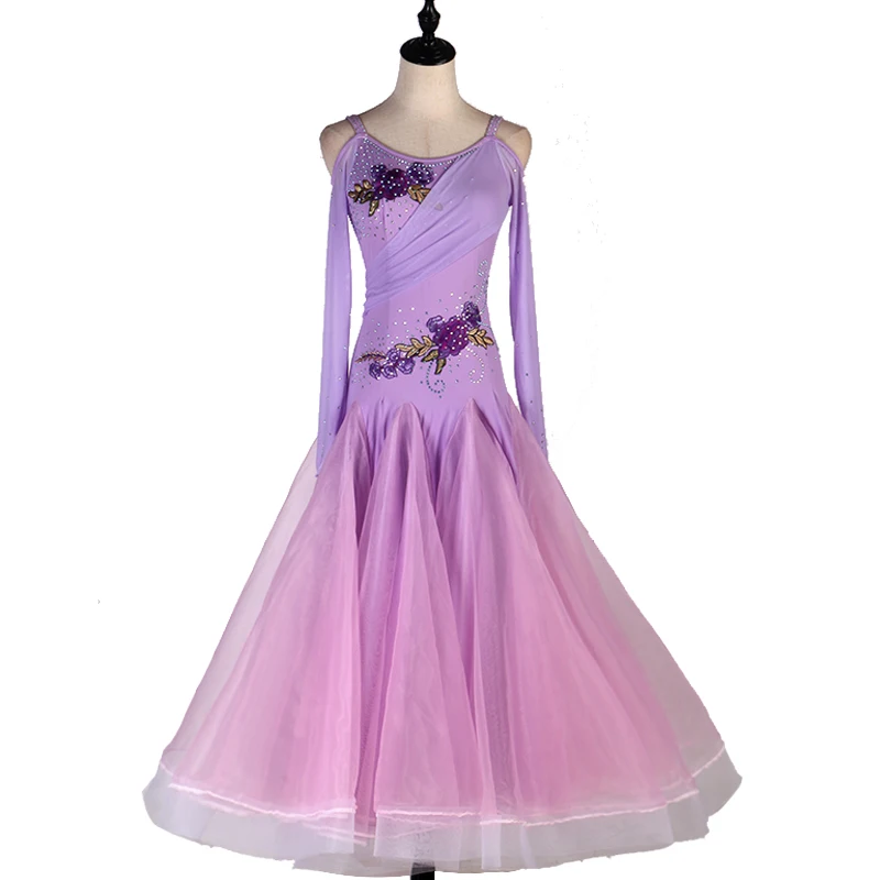 Vestidos de salón hechos a medida, vestido Sexy de manga larga para baile de vals en escenario, vestido con vuelo grande, trajes de baile de competición de salón para mujer