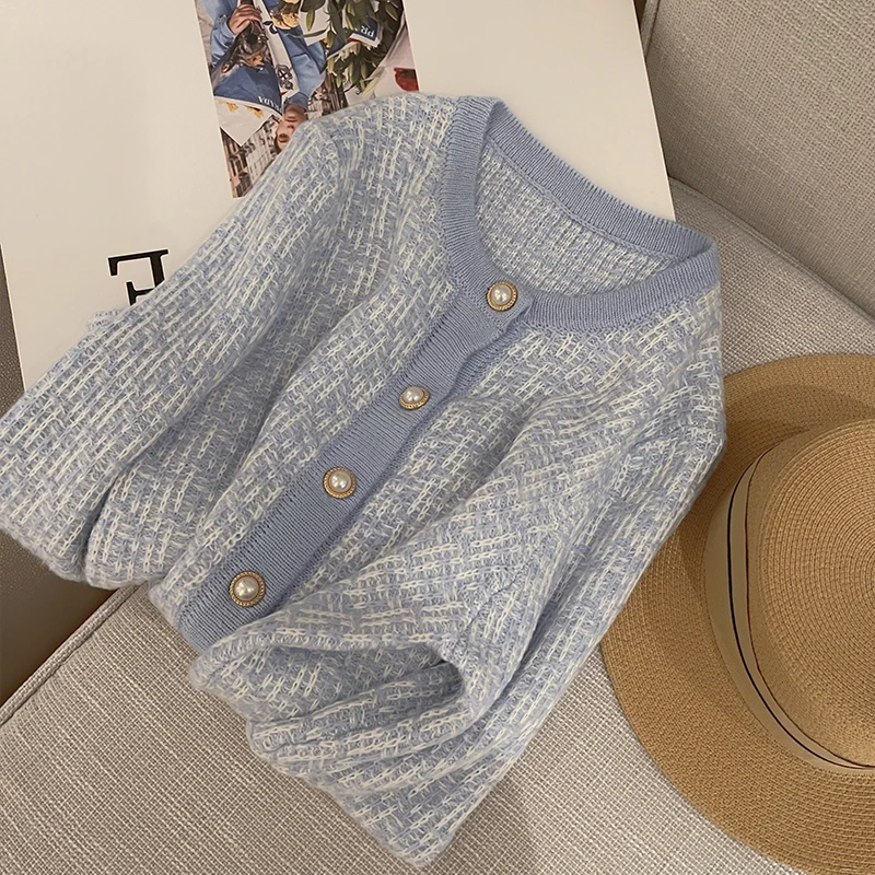 Women\'s Blue Sweater Round Neck Pearl Button Cardigan Long Sleeve Casual Vintage Fashion Baggy Ladies Outerwear Tops Autumn
