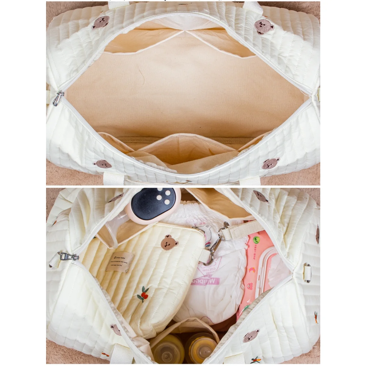 Sac à couches matelassé à fermeture éclair en tissu de coton ours, motif de broderie, bébé, beige, sac de piste, sac à bagages initié au voyage,