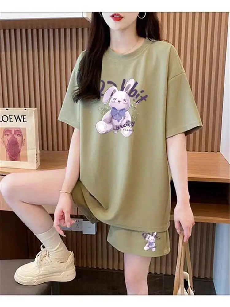 

Summer Casual Loose Women's Sportswear Set Short Sleeve Shorts Two-Piece Suite Fashionable Versatile Korean Style round Neck