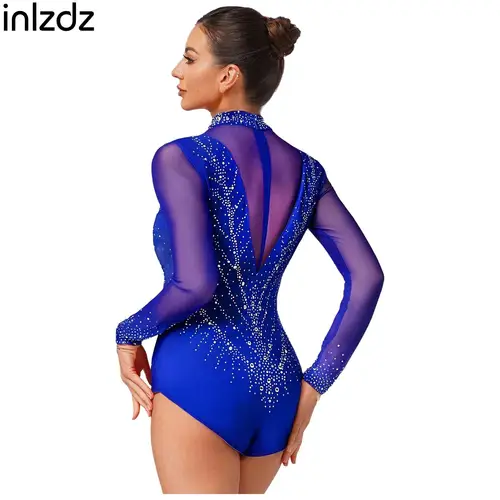 Imagen 1 del producto Mono a la moda para mujer, cuello alto simulado, manga larga, leotardos transparentes con diamantes de imitación, trajes de actuación para gimnasia artística
