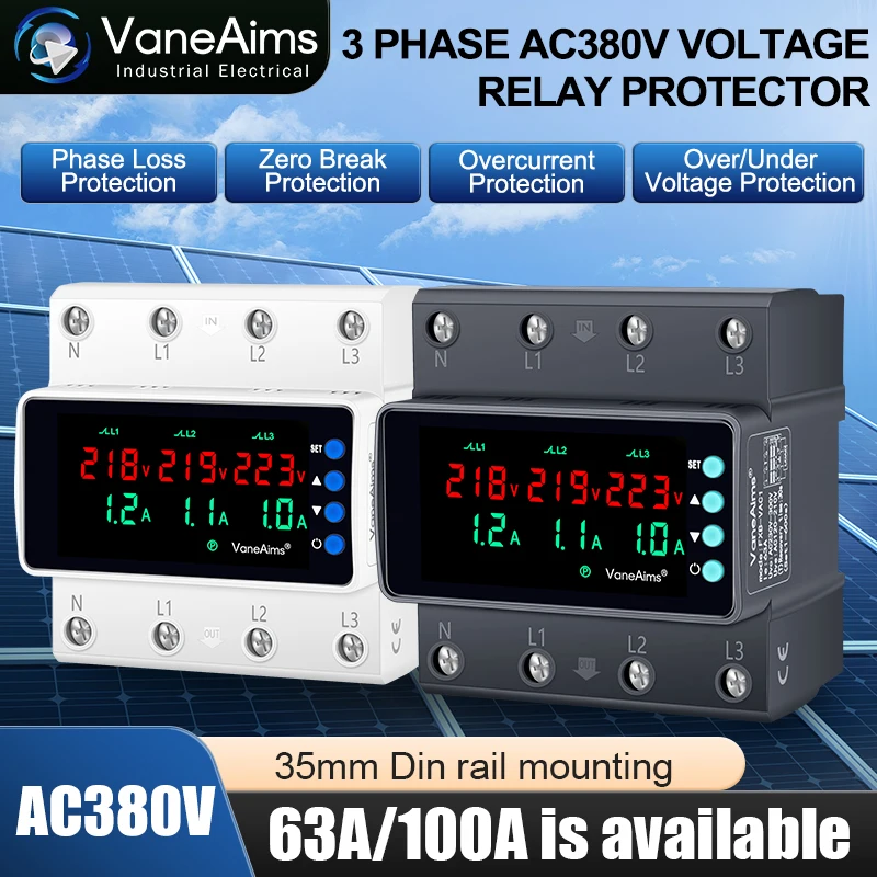 

Three Phase Adjustable Voltage Current Protector 63A/100A AC 380V Din Rail Digital Display Over Under Voltage Protector Relay