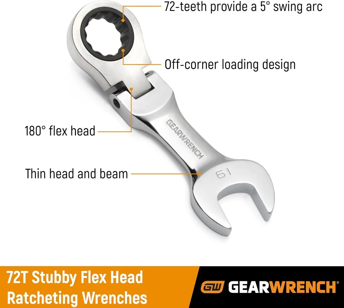 10 Pc. 12 Pt. Stubby Flex Head Ratcheting Combination Wrench Set, Metric - 9550