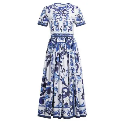 Fashion Designer Runway Red Blue and White Porcelain Print Dress Summer Women Short Sleeve High Waist Long Vacation Dress