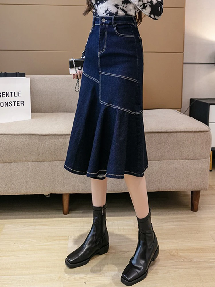 

2023 New Denim Skirt Fishtail SkirtsWomen's Ruffle Skirt Mid-Length Fashion High Waist Bag Hip Skirt Cowboy Pants Skirt Female