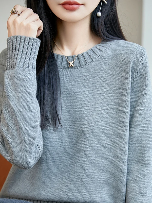 Ladies Thickened Pure Cotton round Neck Knitted Sweater Comfortable Loose Fit Warm Base Layer Shirt Casual Style Long Sleeve