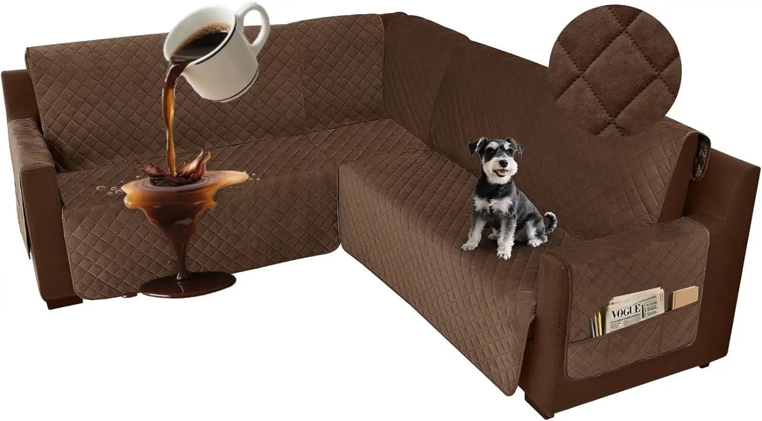 ผ้าคลุมโซฟาเข้ามุมกันน้ำ รูปตัว L รูปตัว U ผ้ากำมะหยี่ 6 ชิ้น ซักได้ ไม่ลื่น ป้องกันโซฟา ขนาด XX-Large สีน้ำตาลเข้ม