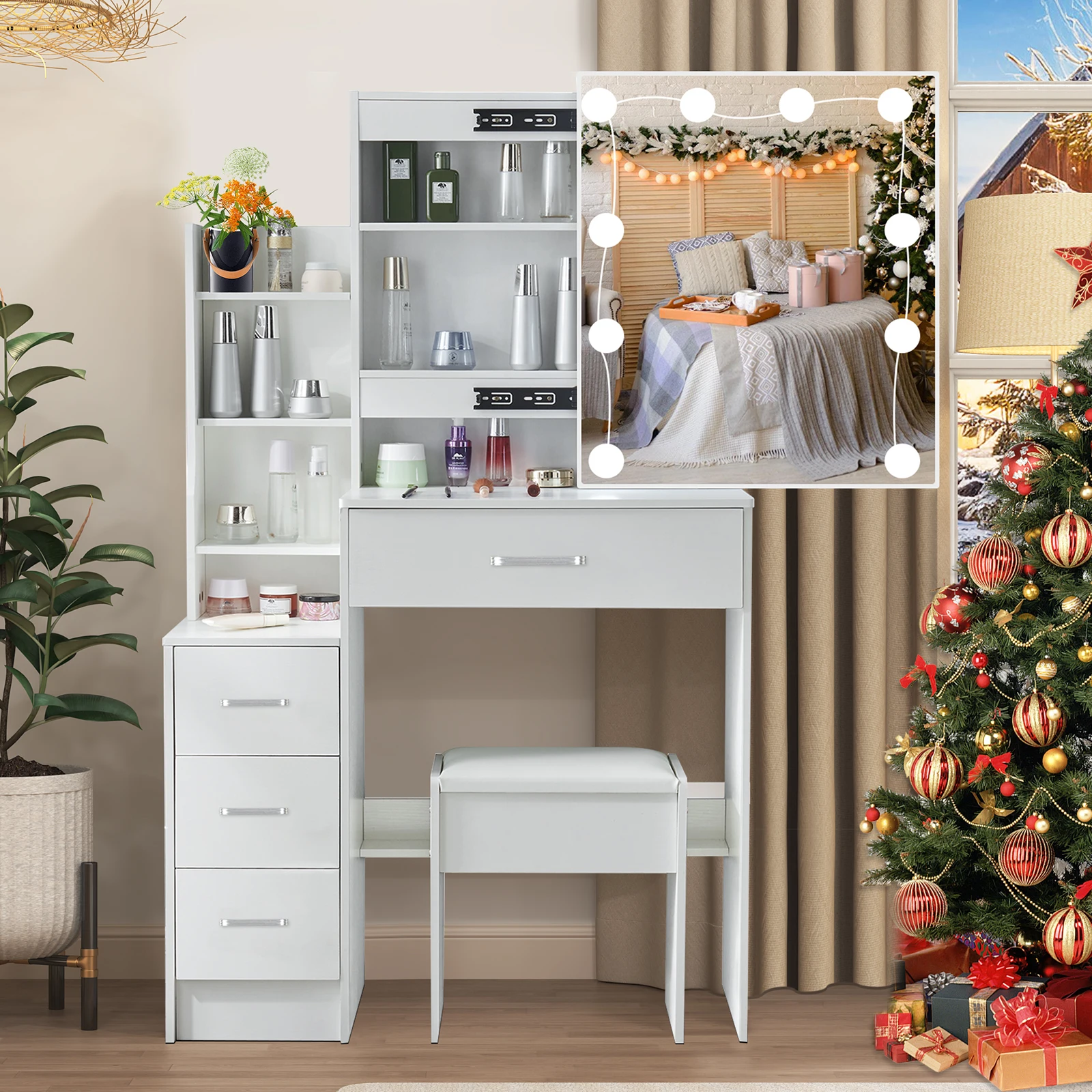 Small Vanity Desk with Mirror and Lights Wooden Makeup Vanity with Storage Drawers Women Bedroom Small Space