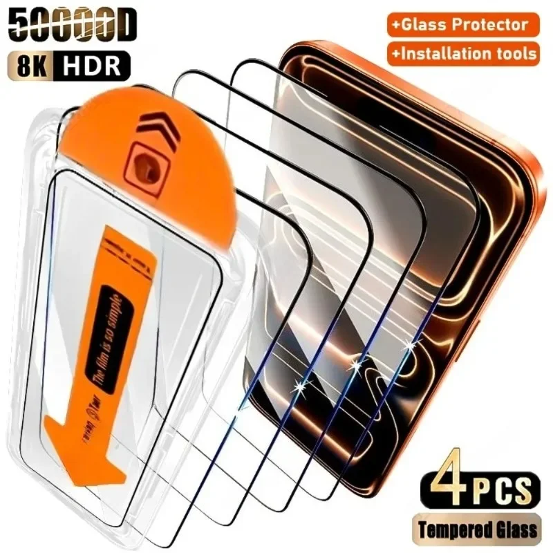 

4Pcs Ultra HD Tempered Glass For iPhone 17 16 15 Pro Max Air 16 15 Plus 14 13 12 11 Pro XR XS Dust Free Easy Installation Glass