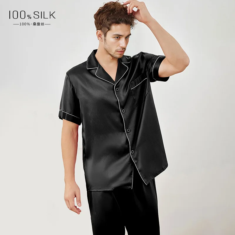 Men 100% Mulberry Silk Pajama Set Summer Short Sleeve Long Pants 2 Piece Loungewear Luxury Satin Sleepwear Button Down Nightear