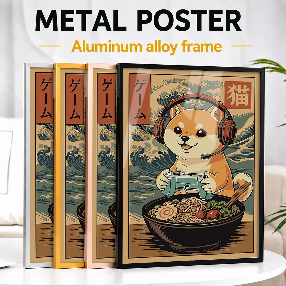 Japanese Shiba Inu Gamer Eating Ramen Framed Aluminum Metal Poster Customized Photo Warm Cartoon Style Wall Art For Dining Room