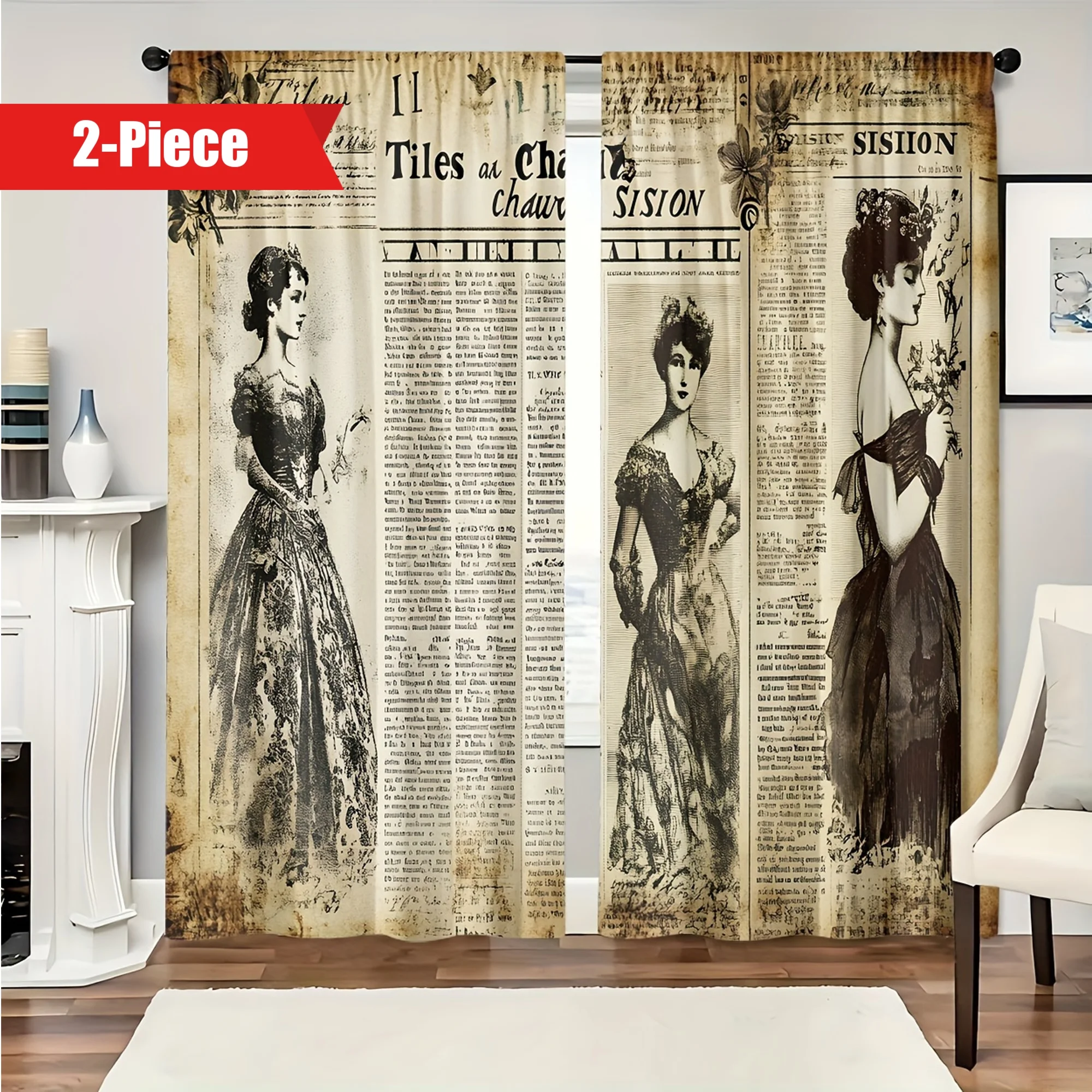 2 pieces of Retro newspaper printed curtains, pole bag curtains 30*65, bedroom and living room, home decoration, room decoration