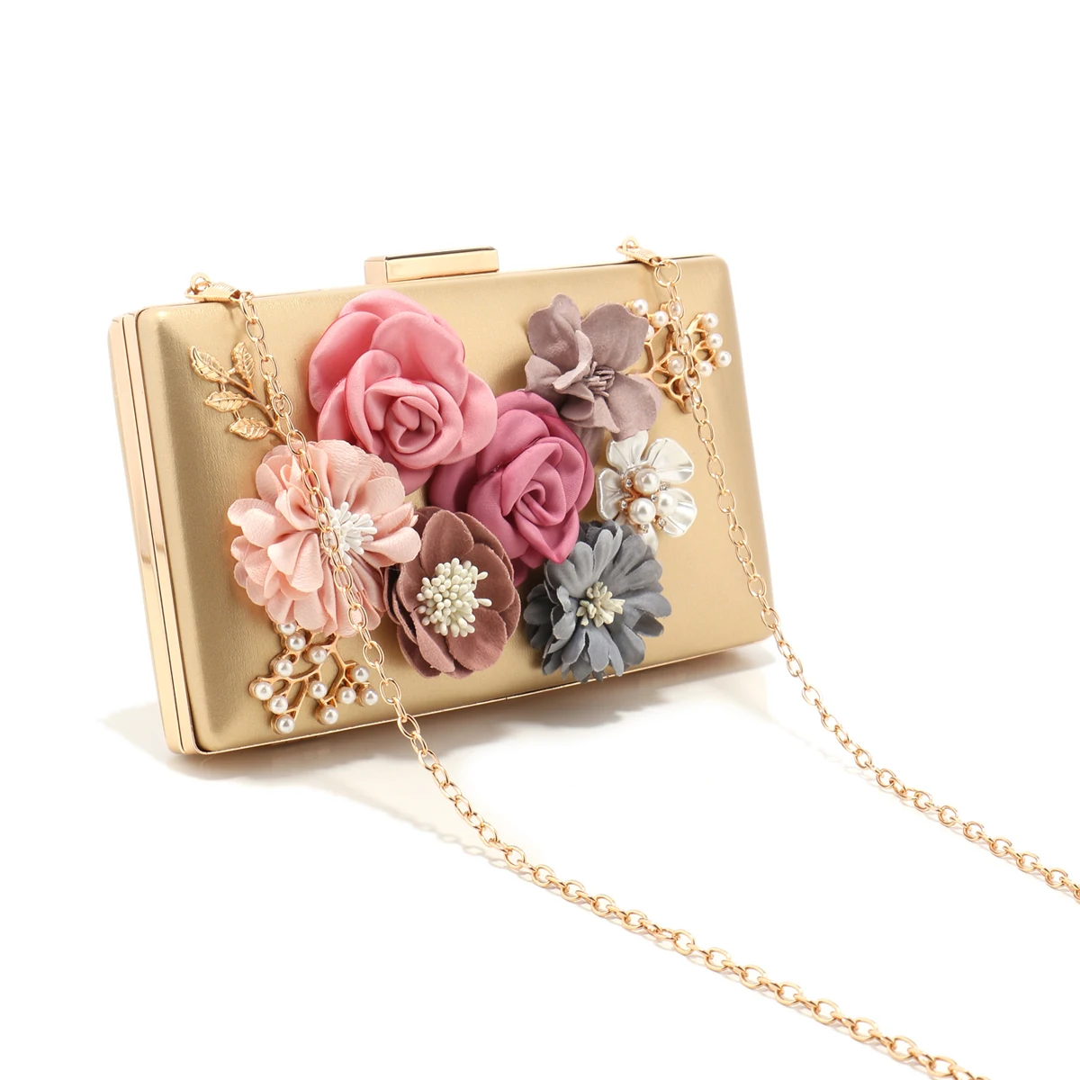 Fashion Women Flower Cute Evening Bags Flap Design Pearl Chain Shoulder Handbags White Color Ladies Wedding Dinner Prom Banquet