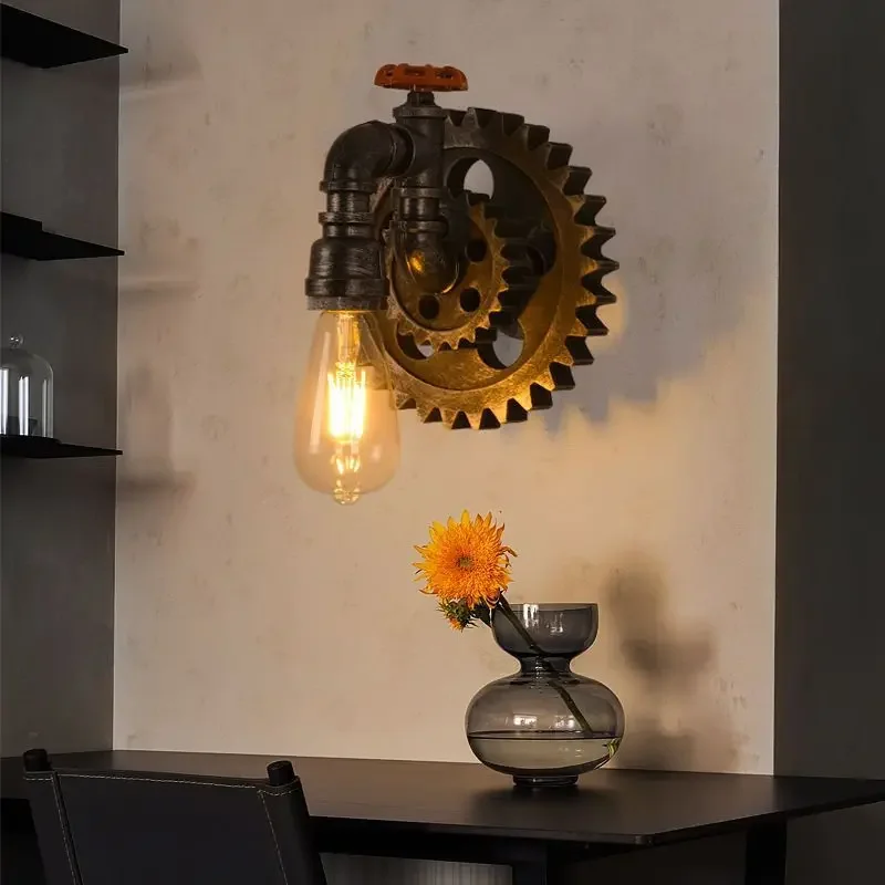 Industry Vintage Lamp Retro Loft Iron Wood Gear Wheel Wall Light Study Showroom Living Room Bar Club Cafe Lamp Bra Wall Sconce