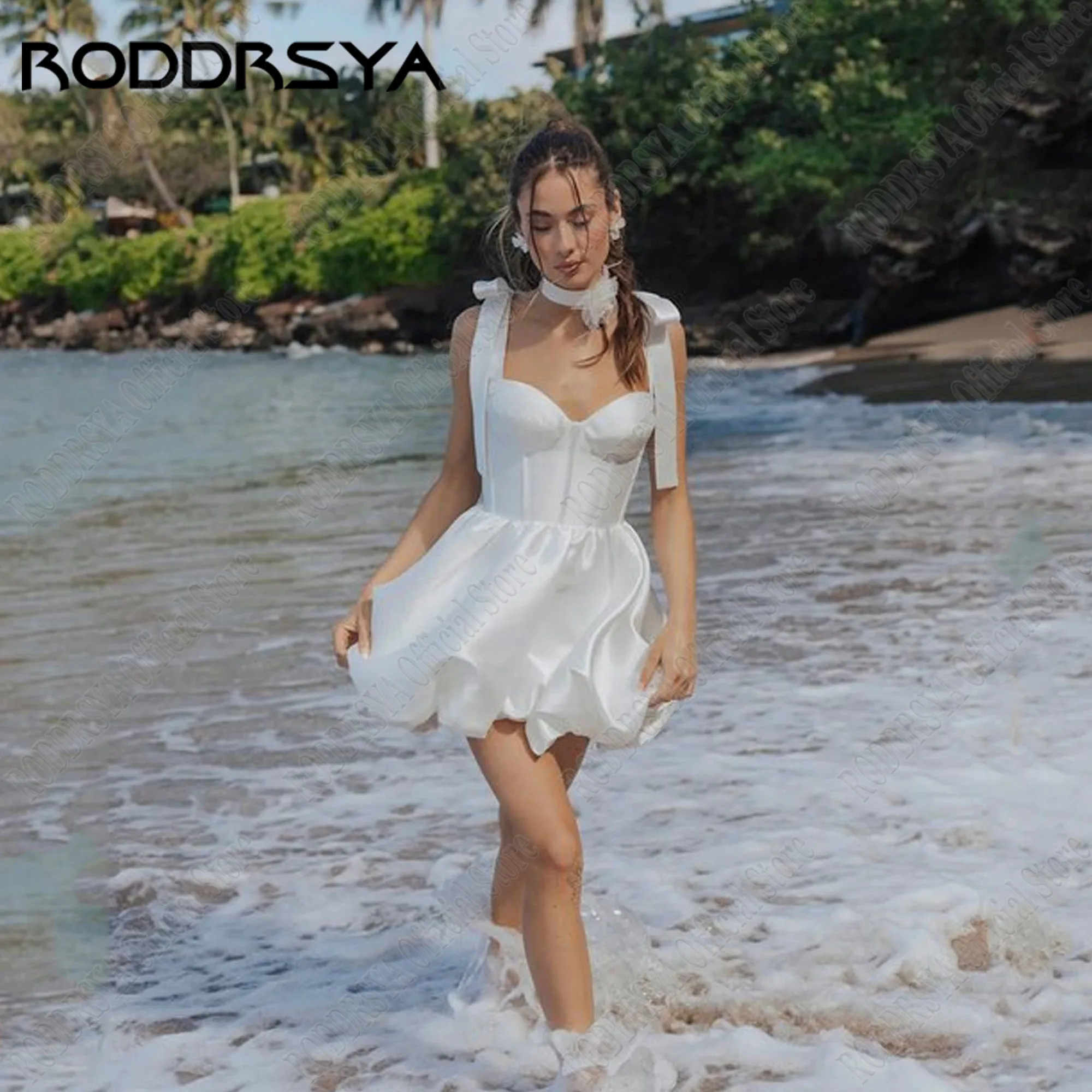 

RODDRSYA Short Satin Wedding Dresses 2024 Bride Sweetheart Spaghetti Straps Vestidos De Novia A-Line Mini Bride Party Gown