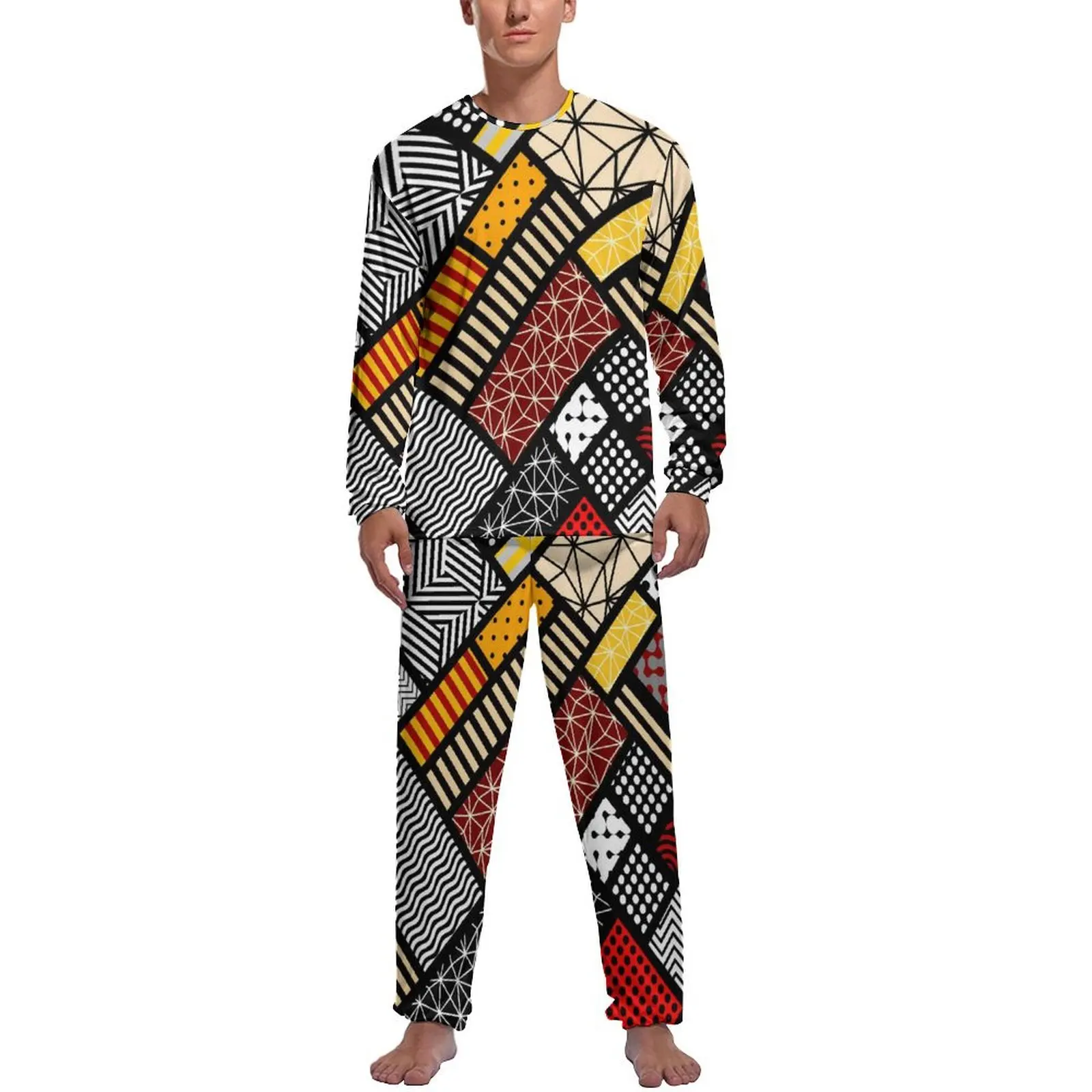 Vintage Tribal Pajamas Male Abstract Square Fashion Home Suit Winter Long Sleeve Two Piece Casual Graphic Pajama Sets