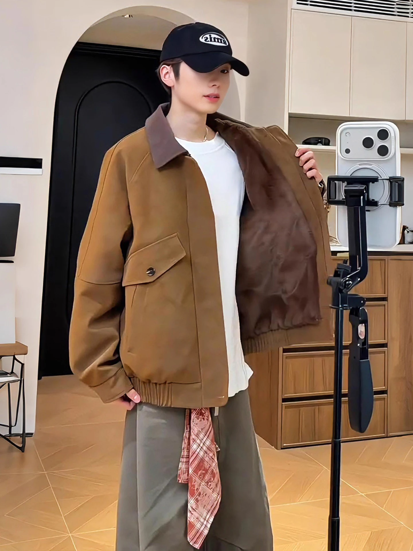 

Утепленная флисовая куртка-косуха для мужчин: зимнее теплое пальто в американском ретро-стиле с воротником, модное, премиум-класса, повседневное, с длинными рукавами