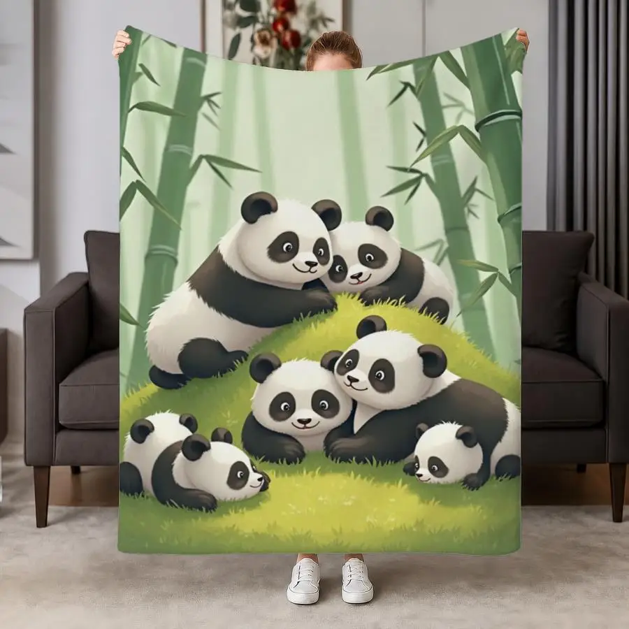 Cute Panda Bamboo Flannel Blanket- Soft and Warm, Featuring Tranquil Nature Illustrations, Perfect for Sofas, Beds, Offices, and