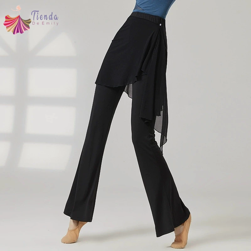 

Modern Dance Pant Women Long Microflared Latin Trousers Mesh Wrap Skirt Classical Practice Costume Stage Line Dancewear Female