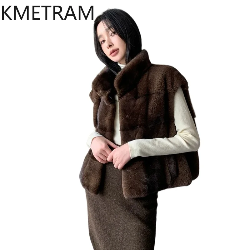

KMETRAM Natural Velvet Mink Fur Vest Women Stand Collar Short Fur Jacket 55cm Winter Sleeveless Real Fur Coat Woman Clothes 2026