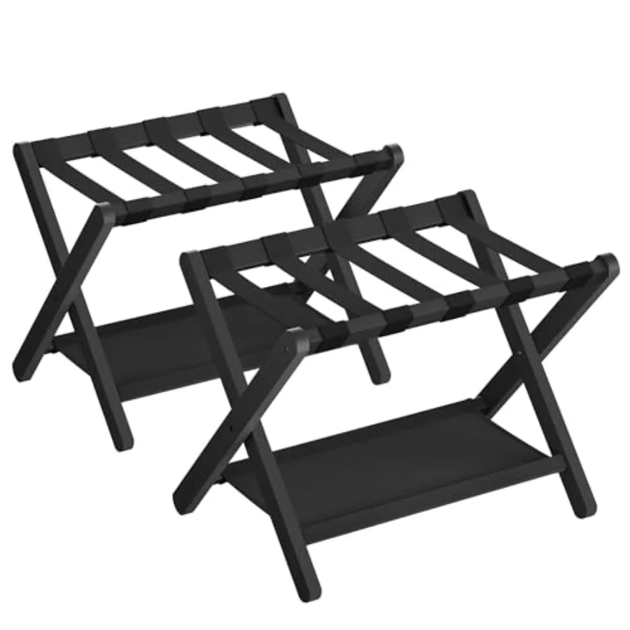

Bamboo Luggage Rack for Guest Room Set of 2 Folding Suitcase Stand with Fabric Storage Shelf for Hotel Bedroom Heavy-Duty Holds
