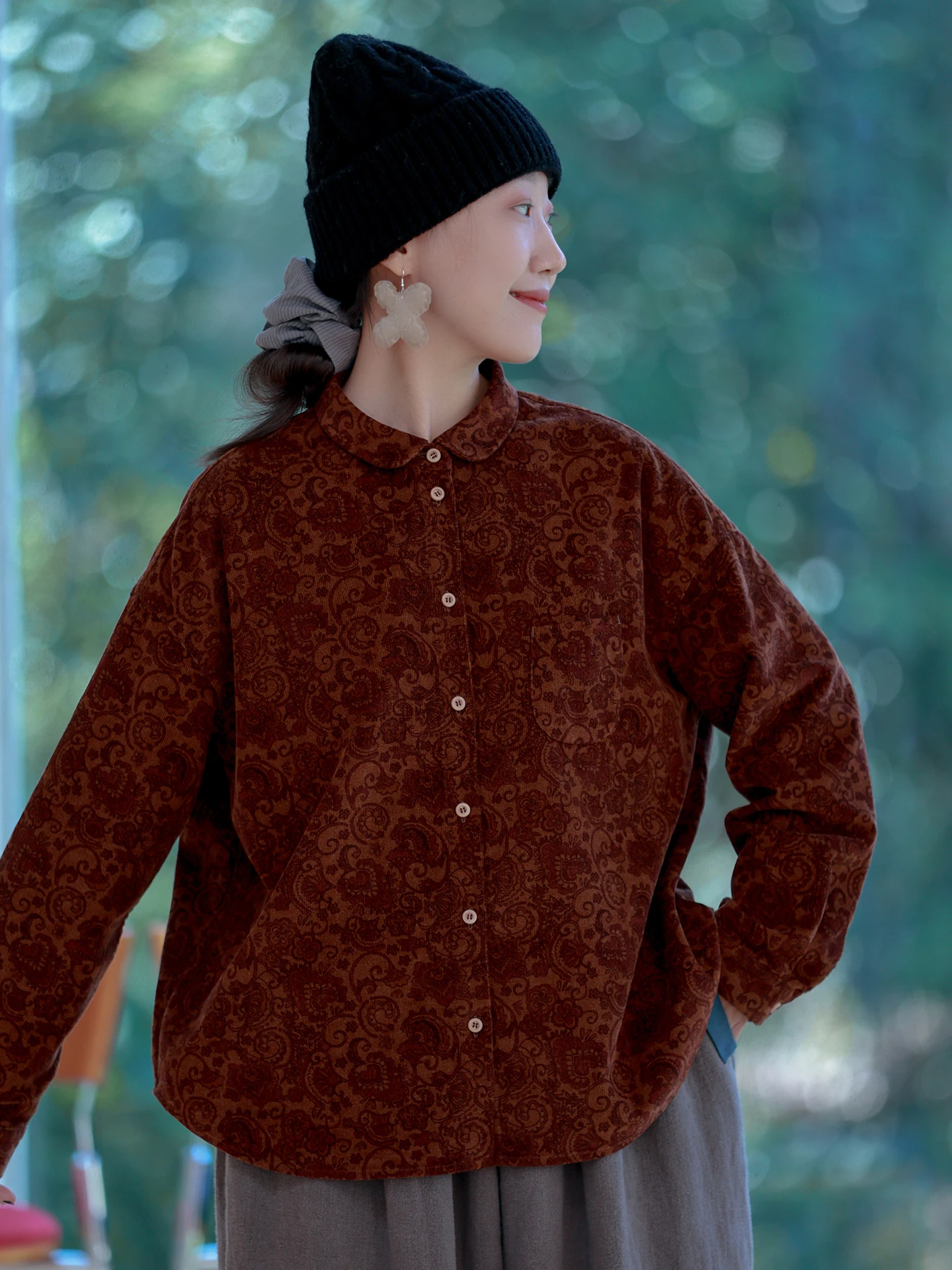 

Восточный Шарм Оранжевый Коричневый Вельветовый Принт Свободный irt Оригинальный Дизайн Хлопок Длинный Све Женский Повседневный Faion irt