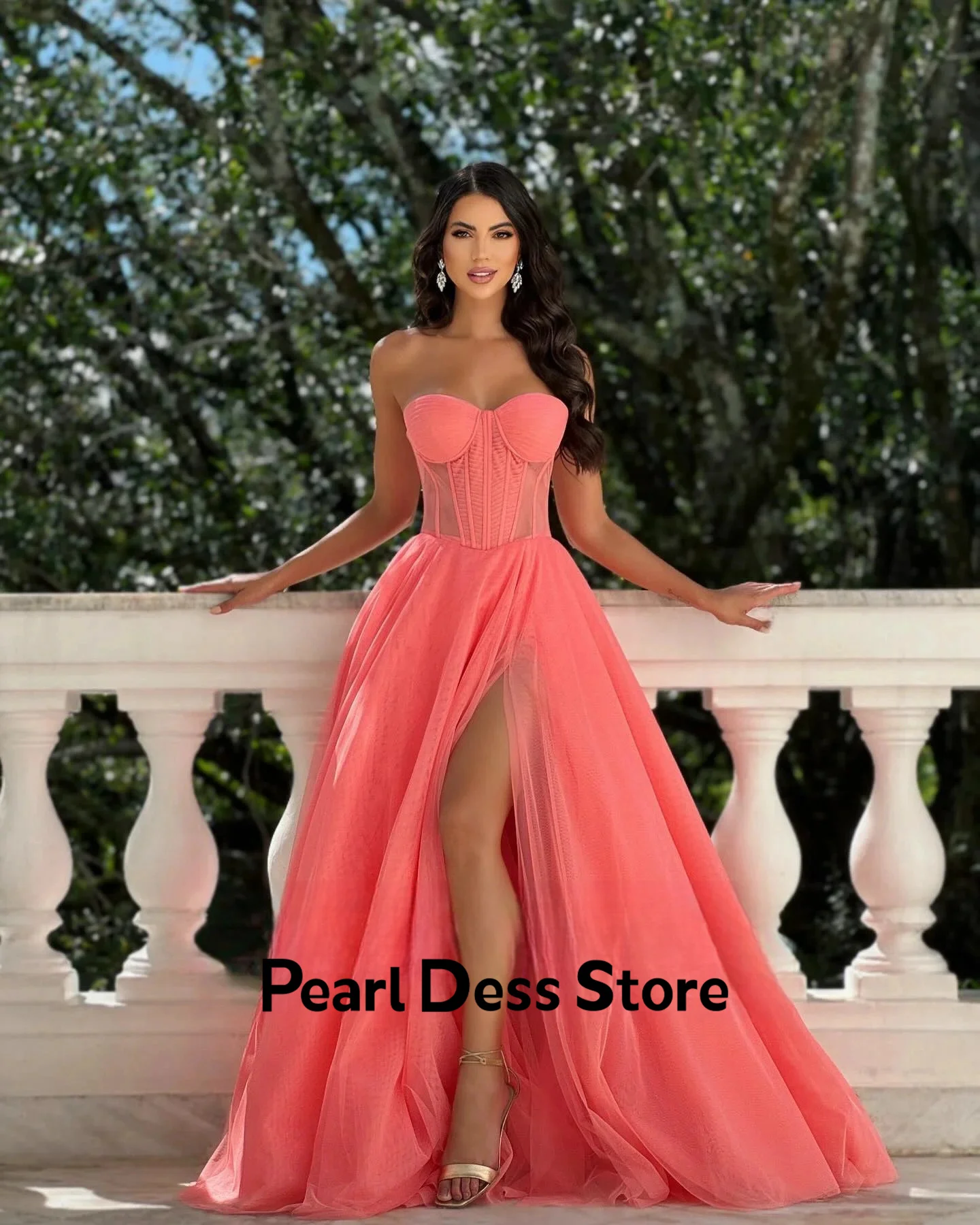 Fairy sheer ball dress pleated A-line heart-shaped high leg slit formal special wedding evening dress for women