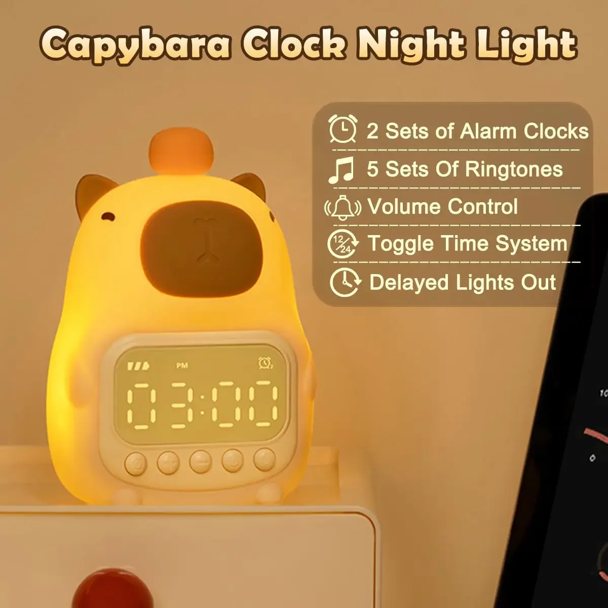 

Cute Rechargable Kids Alarm Clock Night Light Touch Snooze Always-on Display Desktop Table Clock 12/24H Alarm Music LED Clock