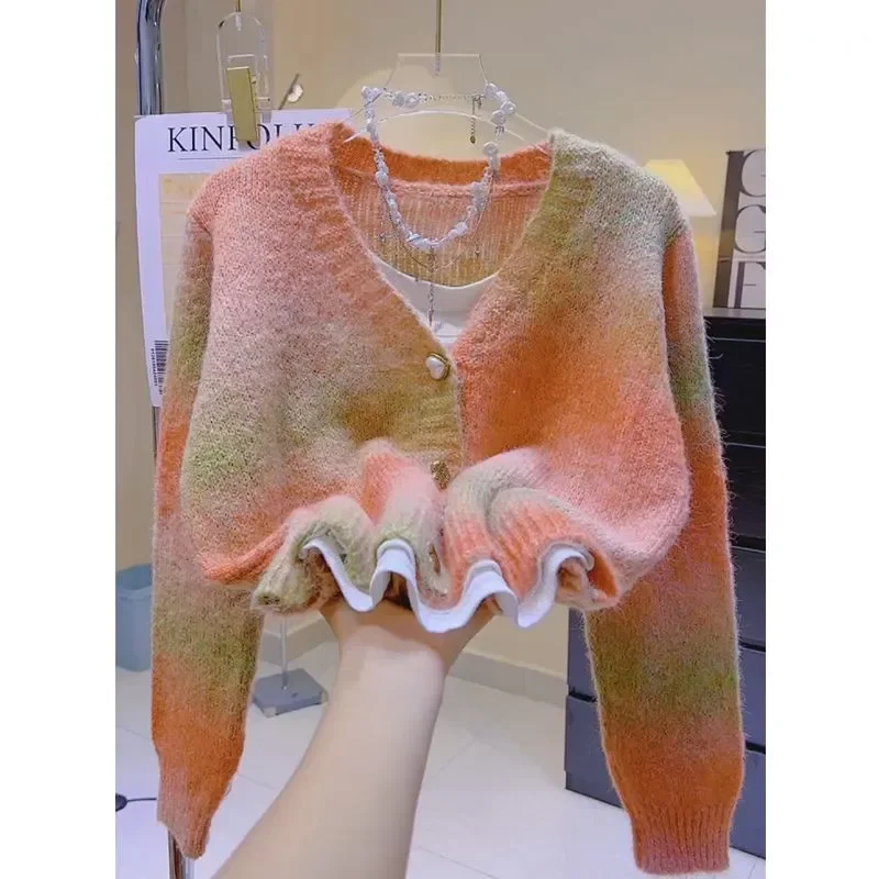Tie-dye Gradient Color Sweater Jacket for Women Autumn Winter New Thickened Rainbow Sweet Knitted Cardigan Top