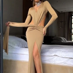 OMSJ Sexy Long Sleeve Irregular Bodycon Maxi Dress Hottie Girl V-neck Off Waist Open Back Ruched Hip Wrap Hollow Fashion Dresses