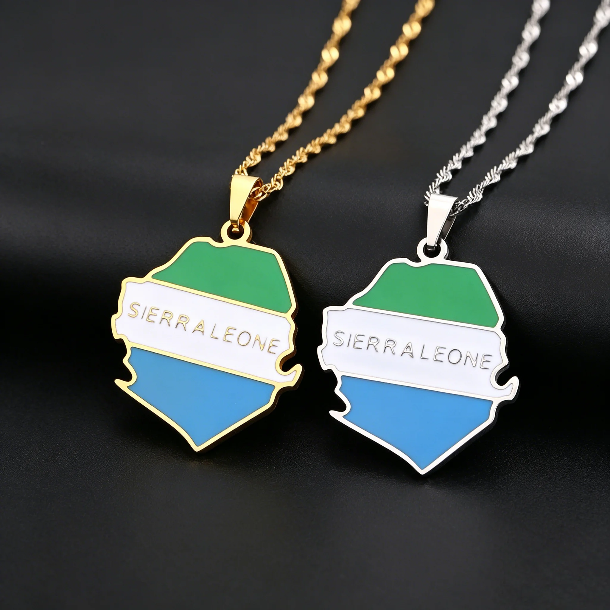 Vintage Enamel Sierra Leone Map Flag Pendant Necklace Casual Fashion Unisex Couple Stainless Steel Ethnic Jewelry