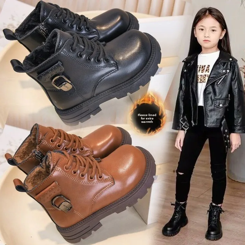 Children Leather Boots Girls Fashion Autumn Winter New Casual Comfortable Short Boots Warm Kids Versatile Anti-slip Cotton Boots
