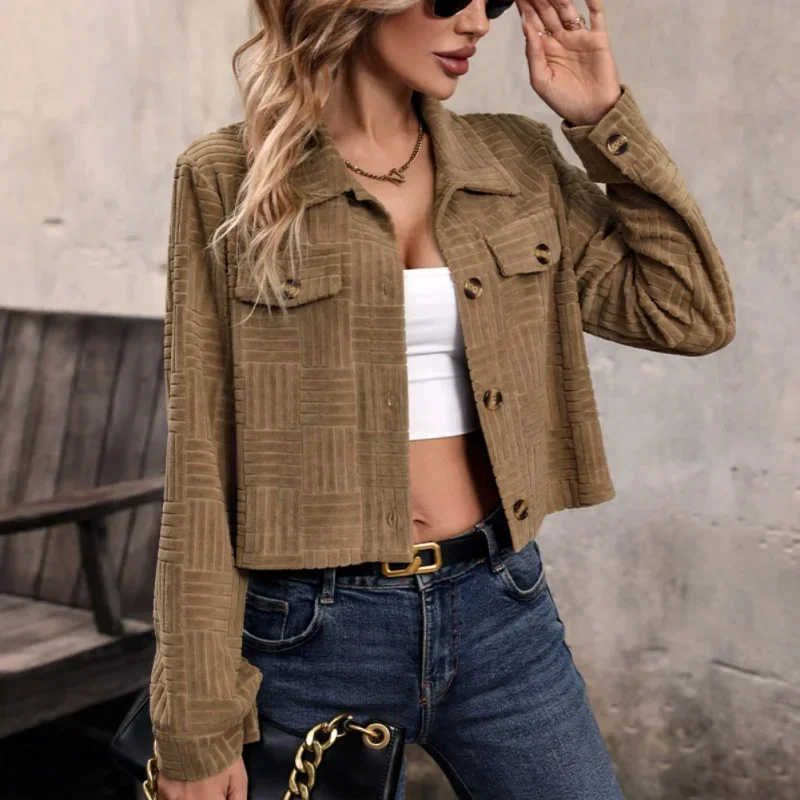 Women Solid Color Corduroy Crapped Jacket Lapel Button Down Long Sleeve Coat Shacket Outwear with Pockets