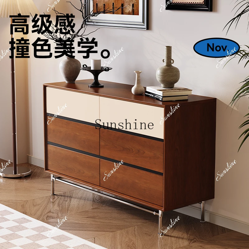 Medieval solid wood six-bucket living room against the wall side cabinet small apartment bedroom bedside storage  FT
