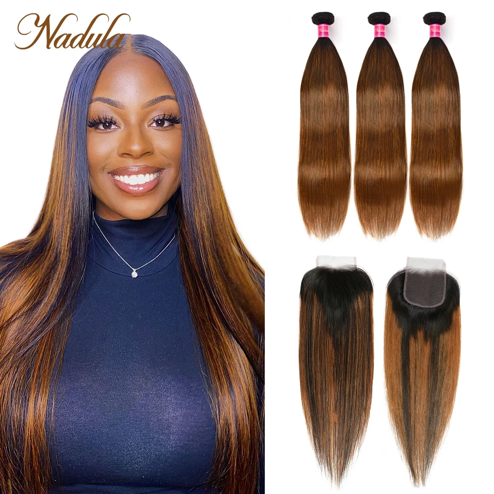 Nadula Hair Highlight Straight Bundles With 4X4 Lace Closure Brazilian Human Hair Weave Bundles With Closure Ombre HairFor Women