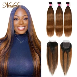 Tissage en lot naturel brésilien avec closure-Nadula Hair, mèches de cheveux lisses à reflets ombré, avec lace closure 4tage, pour femmes