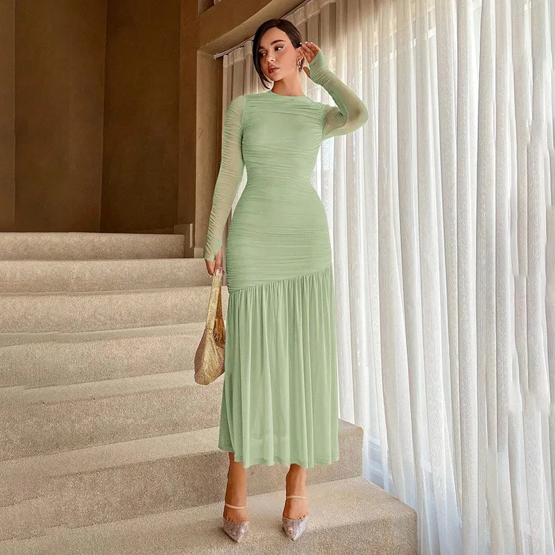 

Elegant Party Dresses Women Luxury Evening Dress Spring Autumn Fashion Temperament Mesh Pleated Slim Fit Long Sleeved Dress