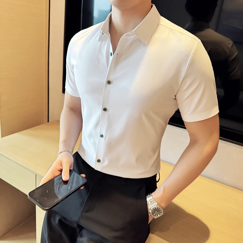 

Summer Bamboo Fiber Seamless Shirt for Men Short Sleeved Casual Business Dress Shirts Office Social Party Tuxedo Blouse 2024