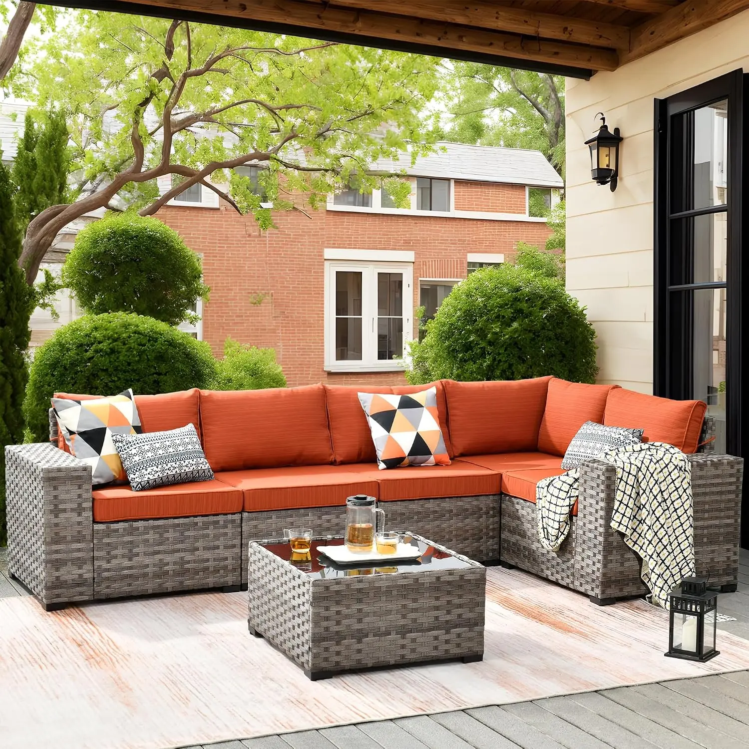 6-Piece Wicker Sectional Sofa Set with Coffee Table, Deep Seat Cushions, Modular Patio Furniture, Orange Red, Customized